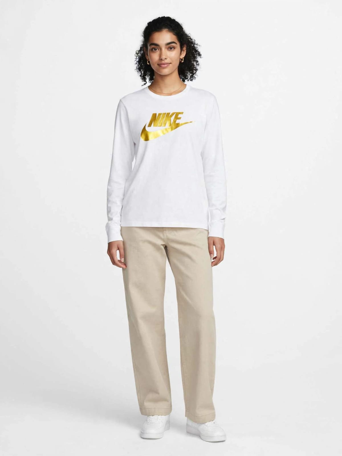 Women's Nike Long Sleeve Logo Tee - White with Metallic Gold Swoosh #00327