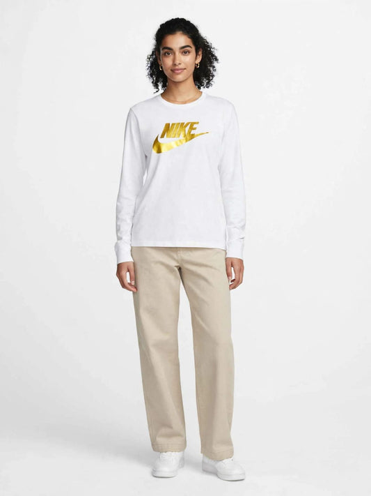 Women's Nike Long Sleeve Logo Tee - White with Metallic Gold Swoosh #00327