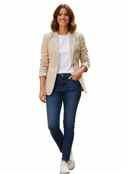 Tommy Hilfiger Women’s Beige Crest Blazer – Premium Tailored Embroidered Jacket /#00197